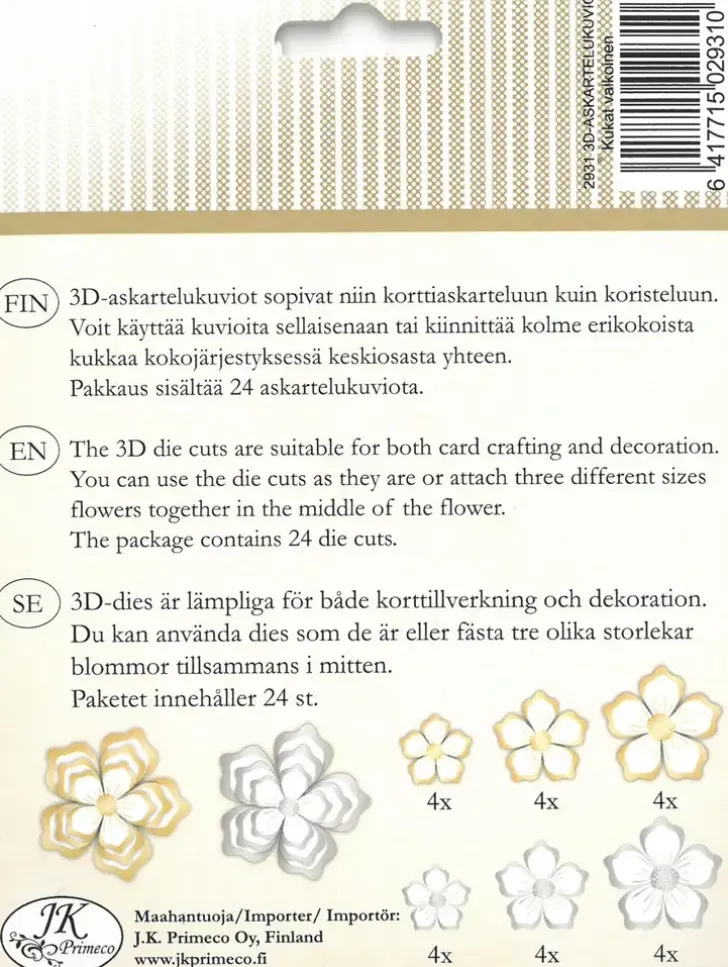J.K. Primeco 3D Askartelukuviot Kukka Valkoinen 24Kpl/Pkt