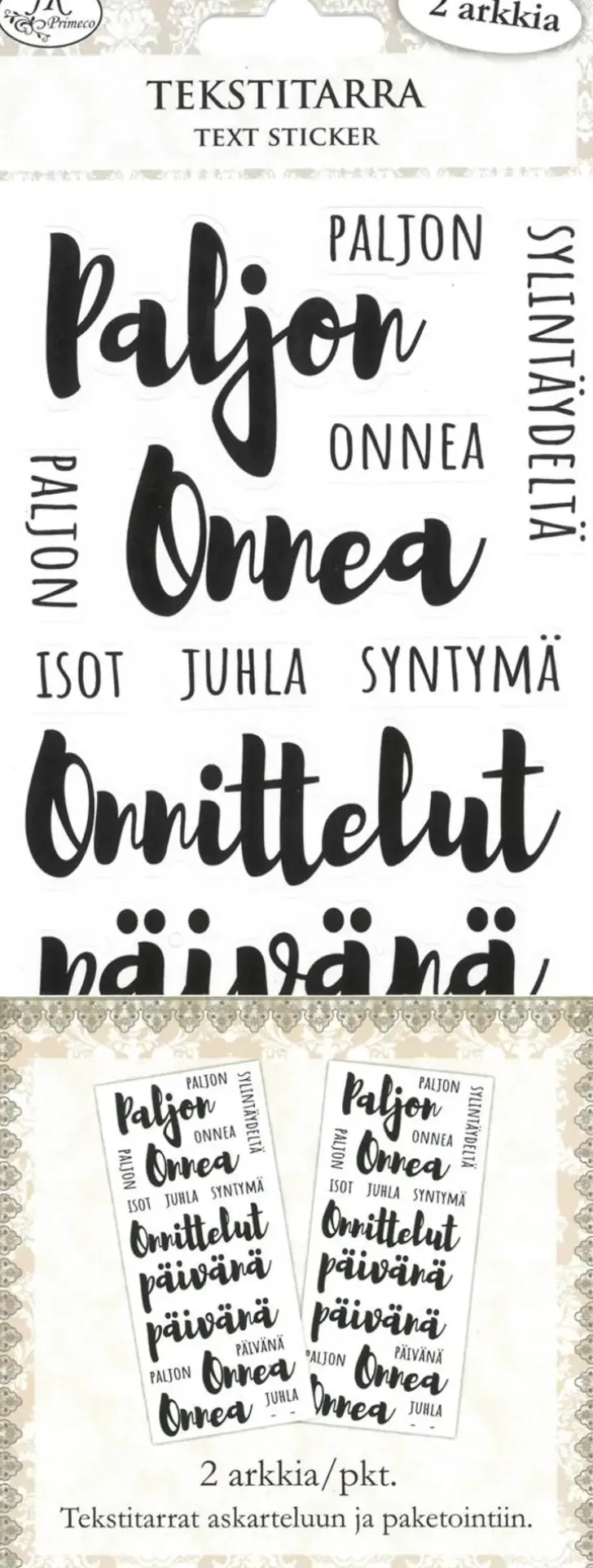 J.K. Primeco Tekstitarra Pitka Onnittelut 2Ark